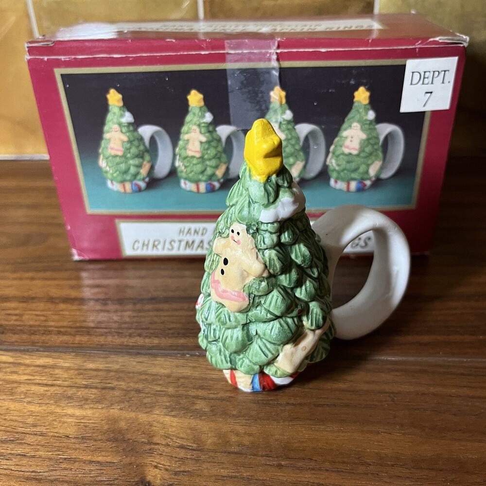 World Bazaars Christmas Tree Napkin Rings Gingerbread Porcelain Set of 4